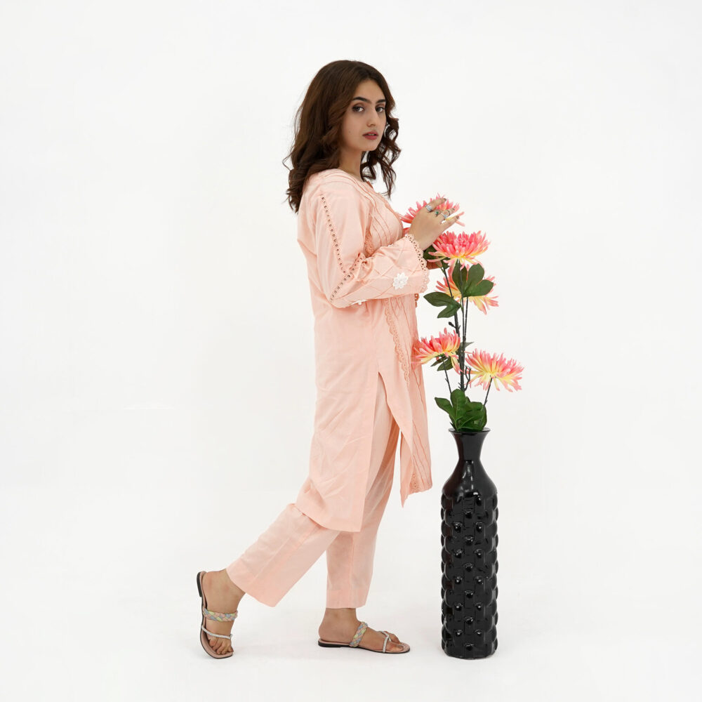 Peach Embroidered Lawn Kurta Cord Set – Elegant & Comfortable - Image 3