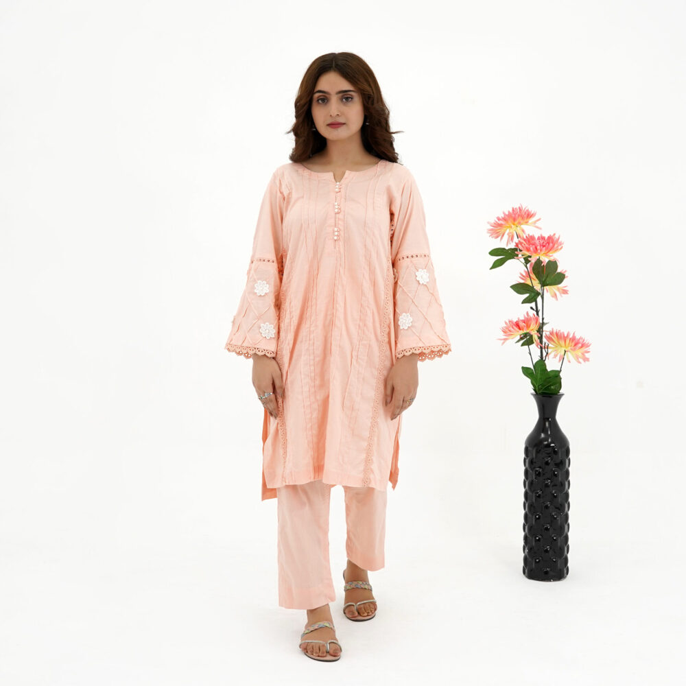 Peach Embroidered Lawn Kurta Cord Set – Elegant & Comfortable