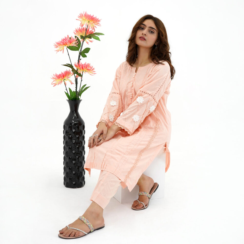 Peach Embroidered Lawn Kurta Cord Set – Elegant & Comfortable - Image 5