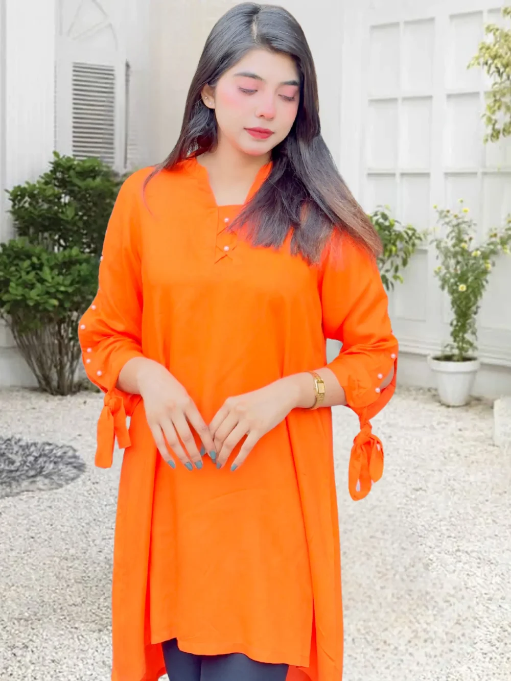 Trendy Short-Style Orange Shirt for Women - Image 5