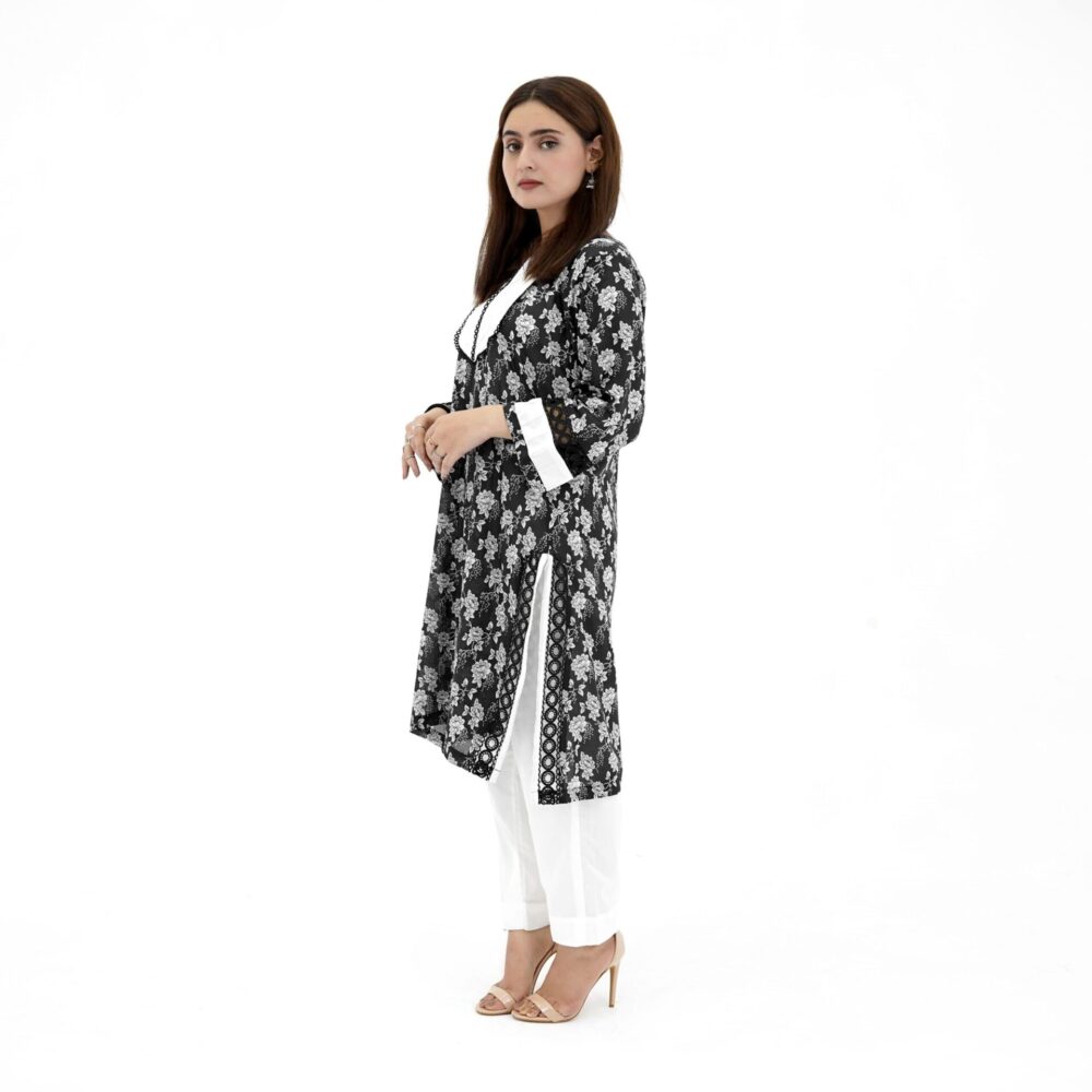 Women’s Black and White Floral Printed Shirt With Plain Trousers - Image 3