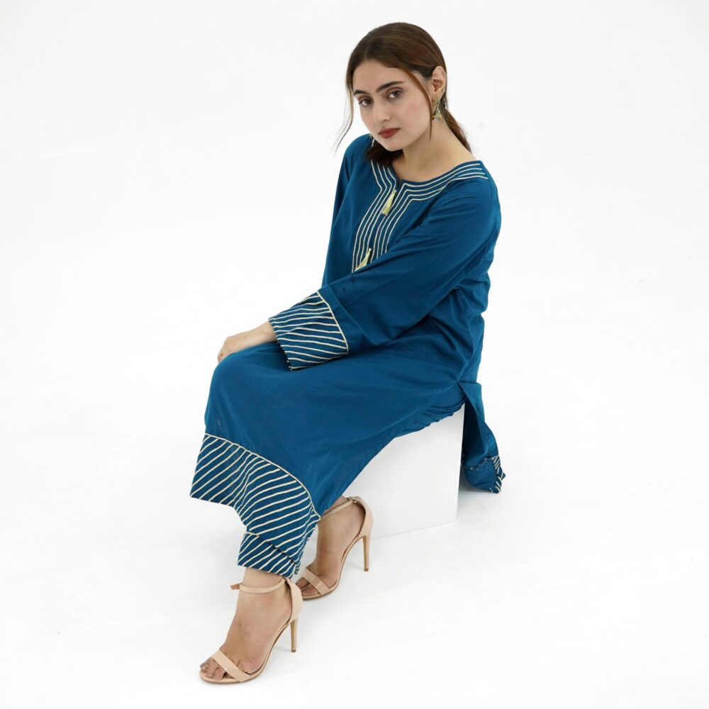 Zinc Blue Lawn Kurti with Golden Cord Embroidery - Image 4