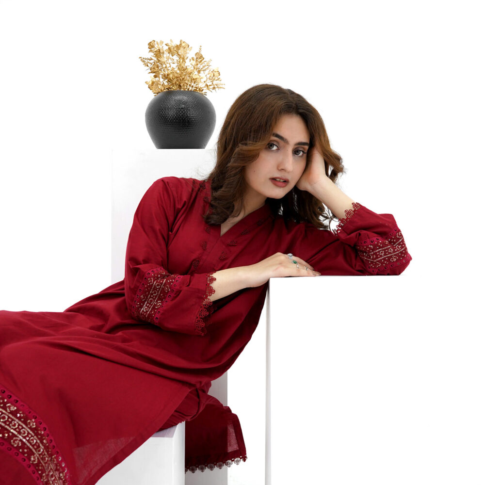 Women’s V Neck Mehroon Embroidered Lawn Kurti With Plain Trousers - Image 4