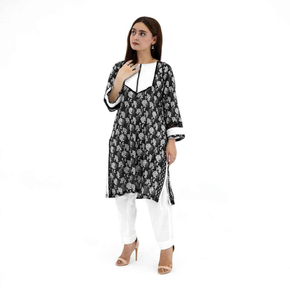 Women’s Black and White Floral Printed Shirt With Plain Trousers