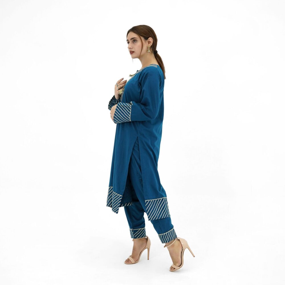 Zinc Blue Lawn Kurti with Golden Cord Embroidery - Image 5