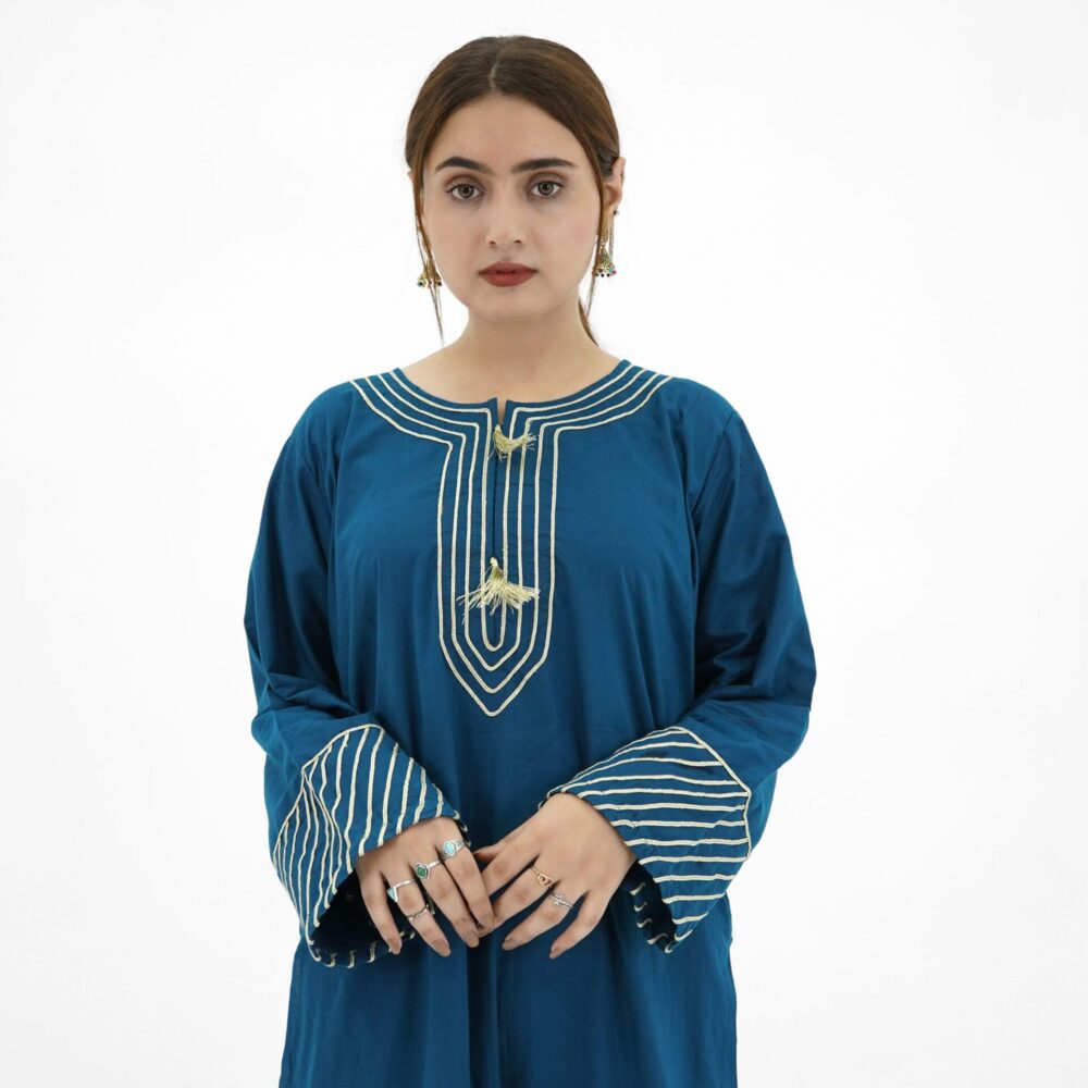 Zinc Blue Lawn Kurti with Golden Cord Embroidery