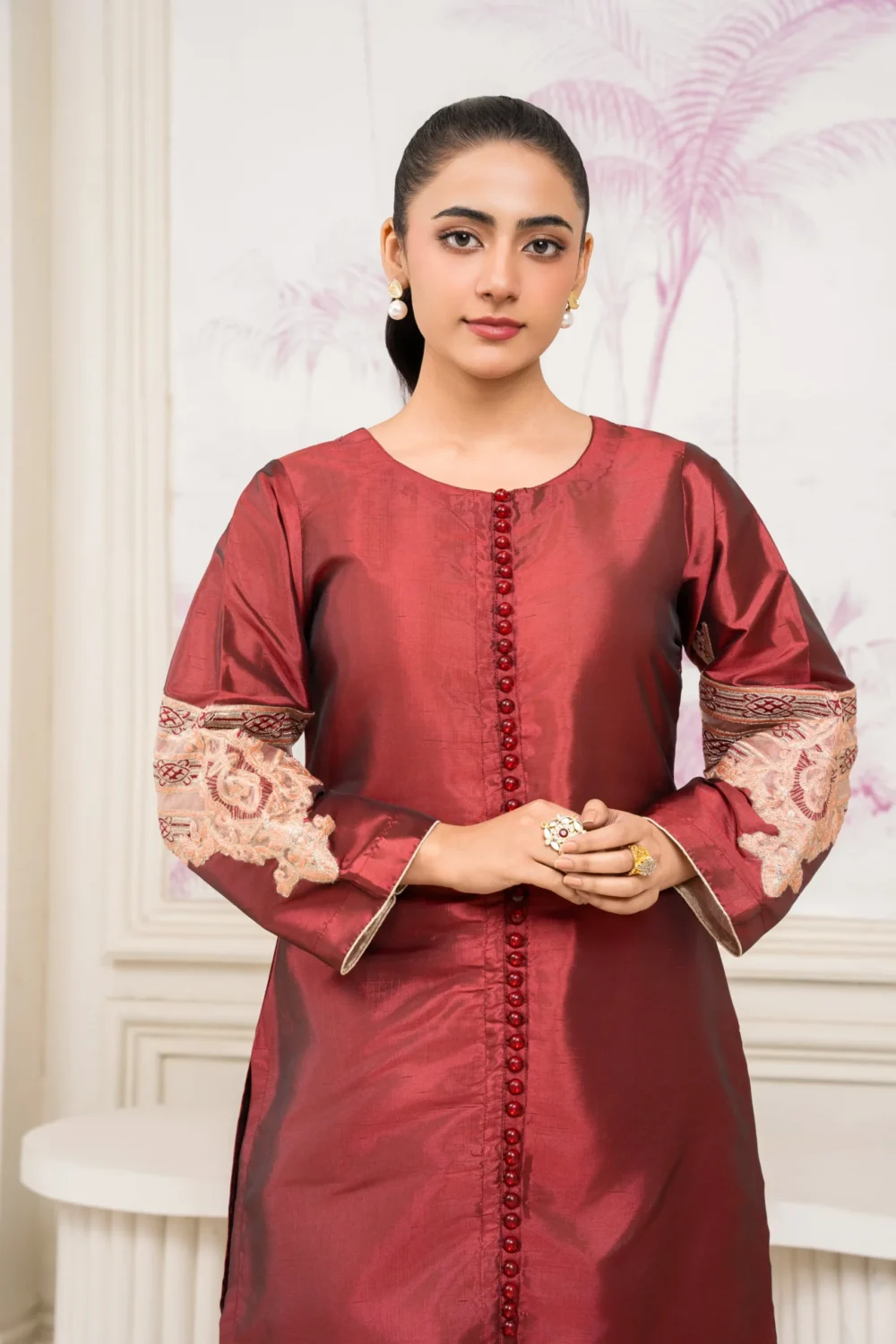 Festive Embroidered 2-Piece Maroon Silk Suit - Image 4