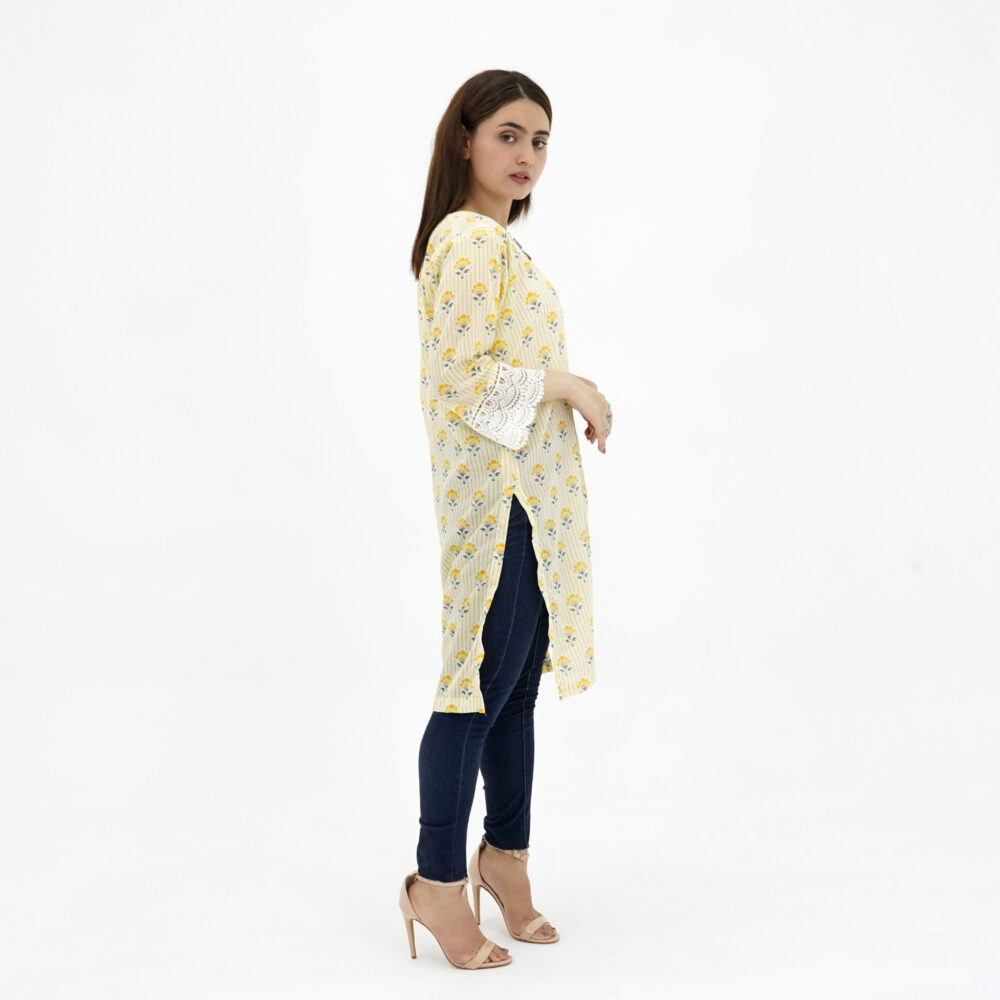 Yellow Floral Printed Kurta with Lace Sleeves – Casual Chic - Image 4