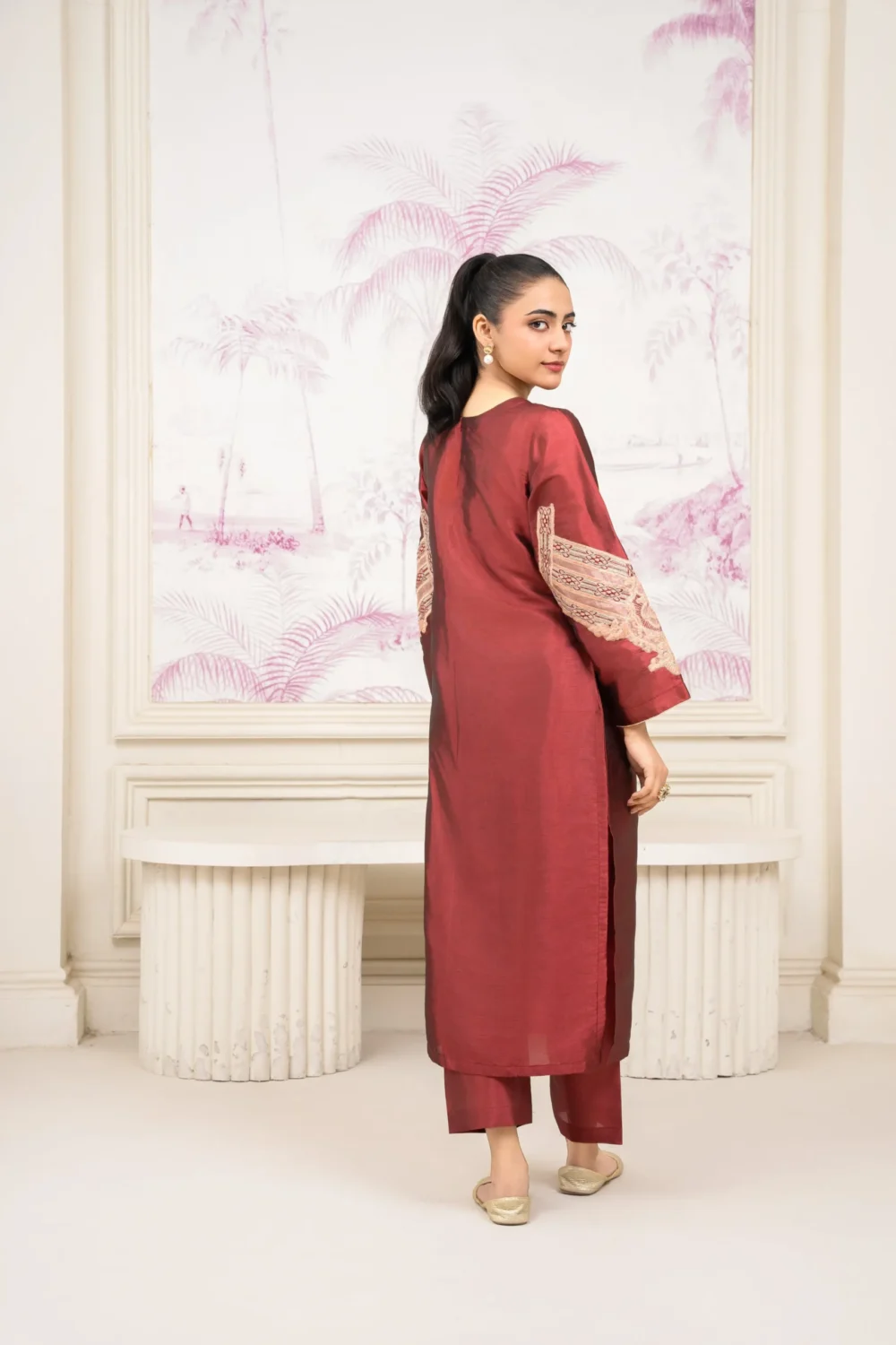 Festive Embroidered 2-Piece Maroon Silk Suit - Image 3