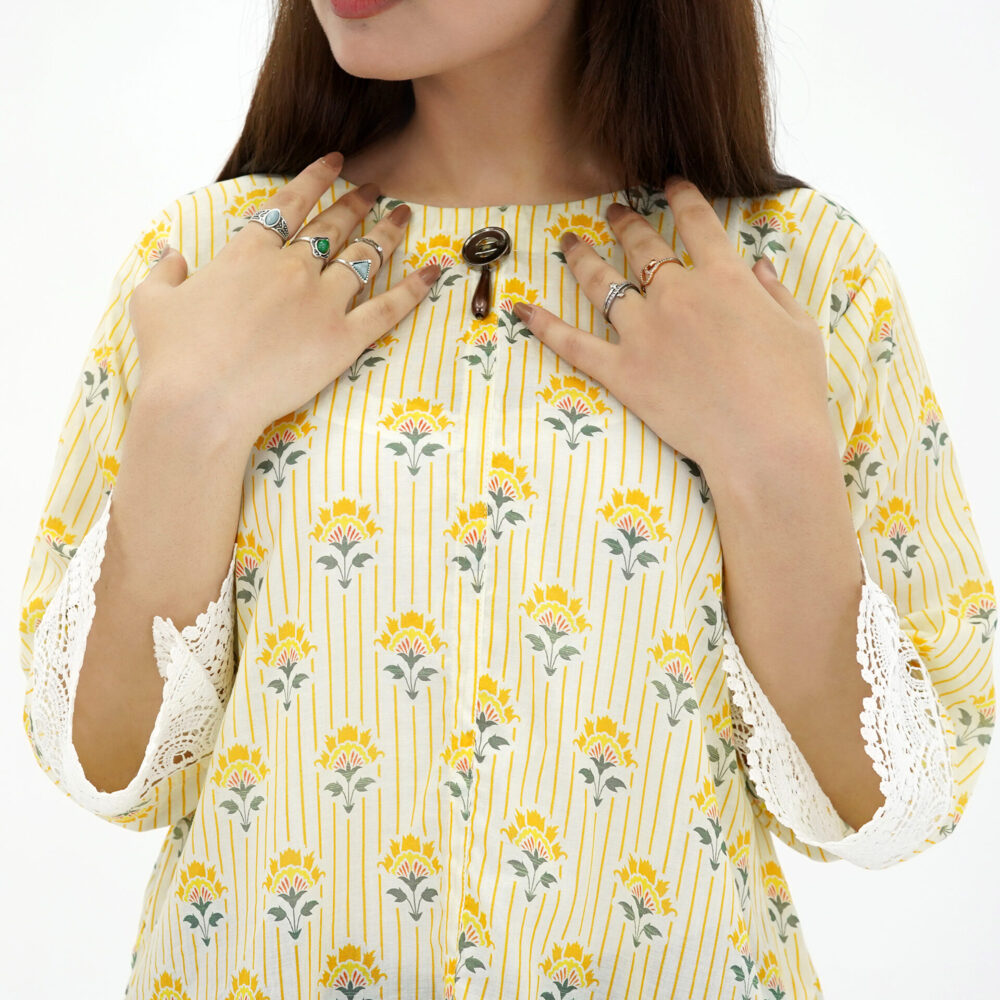 Yellow Floral Printed Kurta with Lace Sleeves – Casual Chic - Image 2