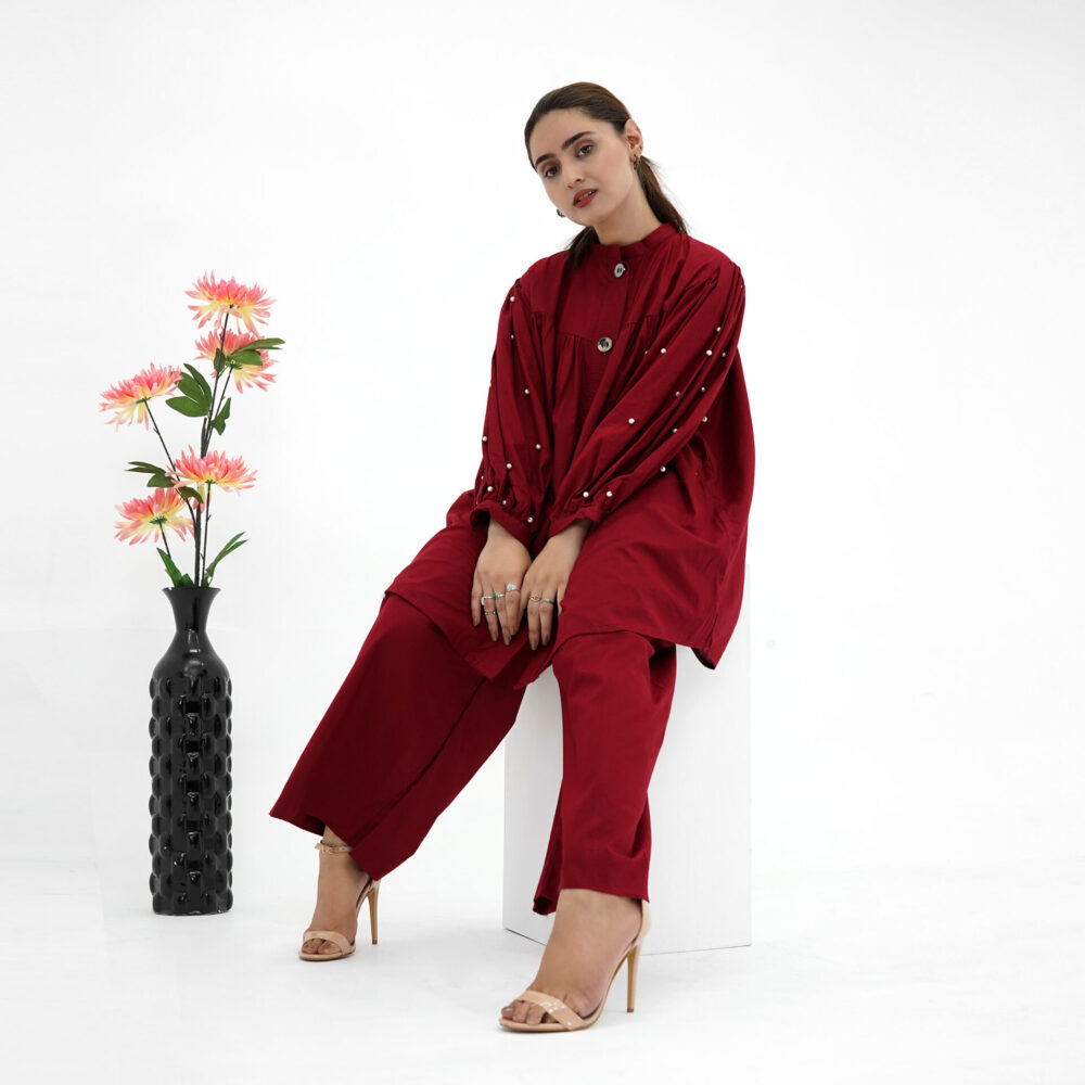 Maroon Button-Down Tunic with Straight Trousers – Chic & Elegant - Image 2