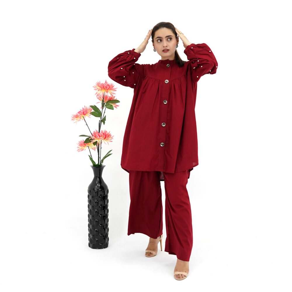 Maroon Button-Down Tunic with Straight Trousers – Chic & Elegant