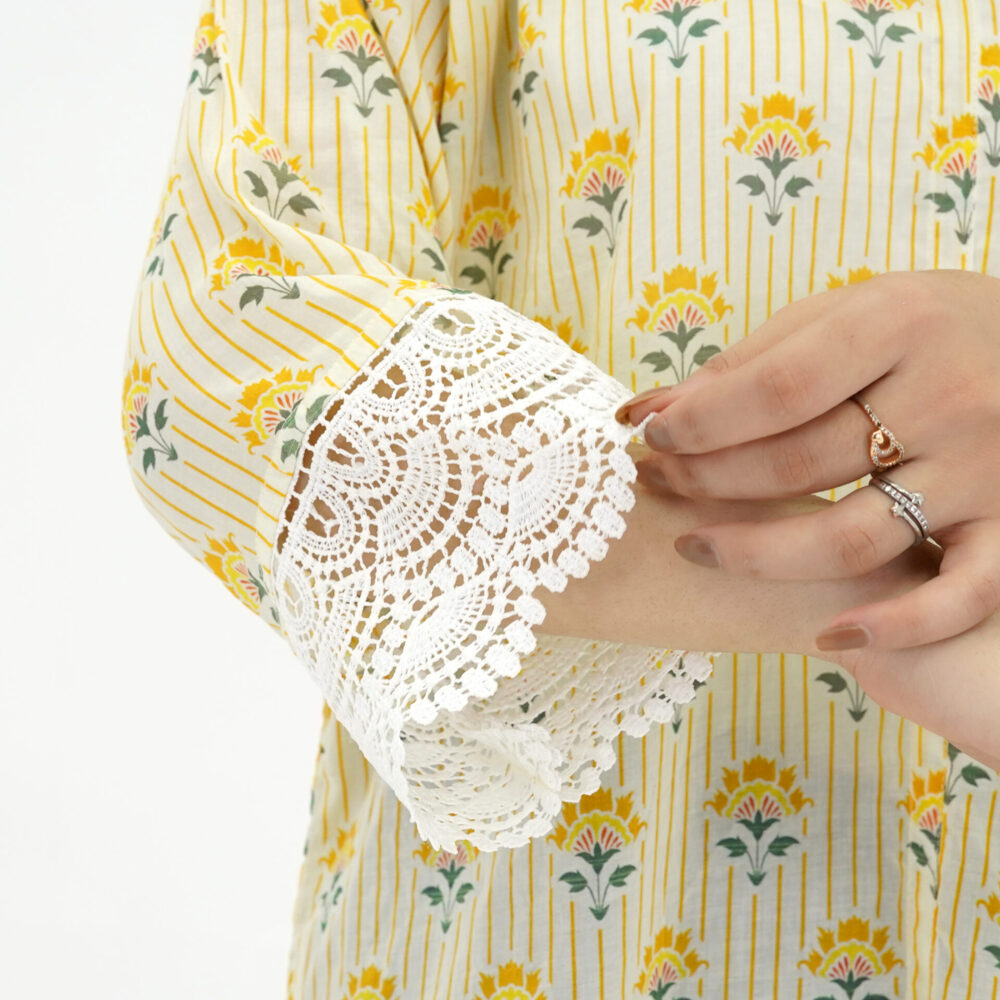 Yellow Floral Printed Kurta with Lace Sleeves – Casual Chic - Image 5