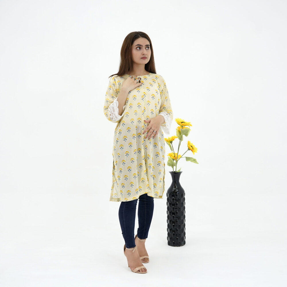 Yellow Floral Printed Kurta with Lace Sleeves – Casual Chic