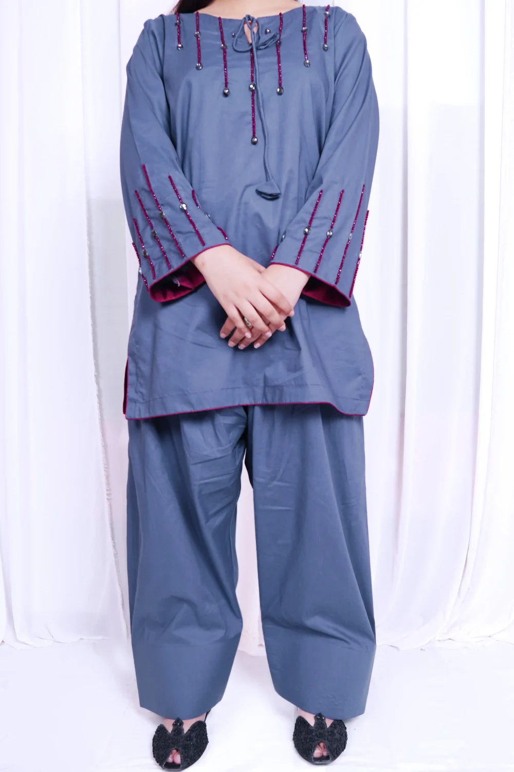 Grey Handmade Stone Work 2-Piece Farshi Shalwar Set - Image 6