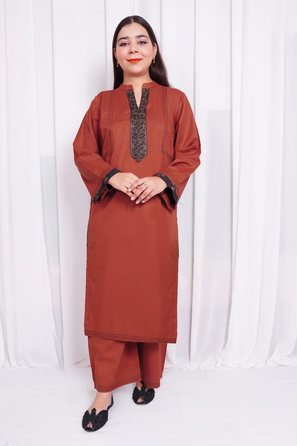 Rust Embroidered Cotton Kurta Set