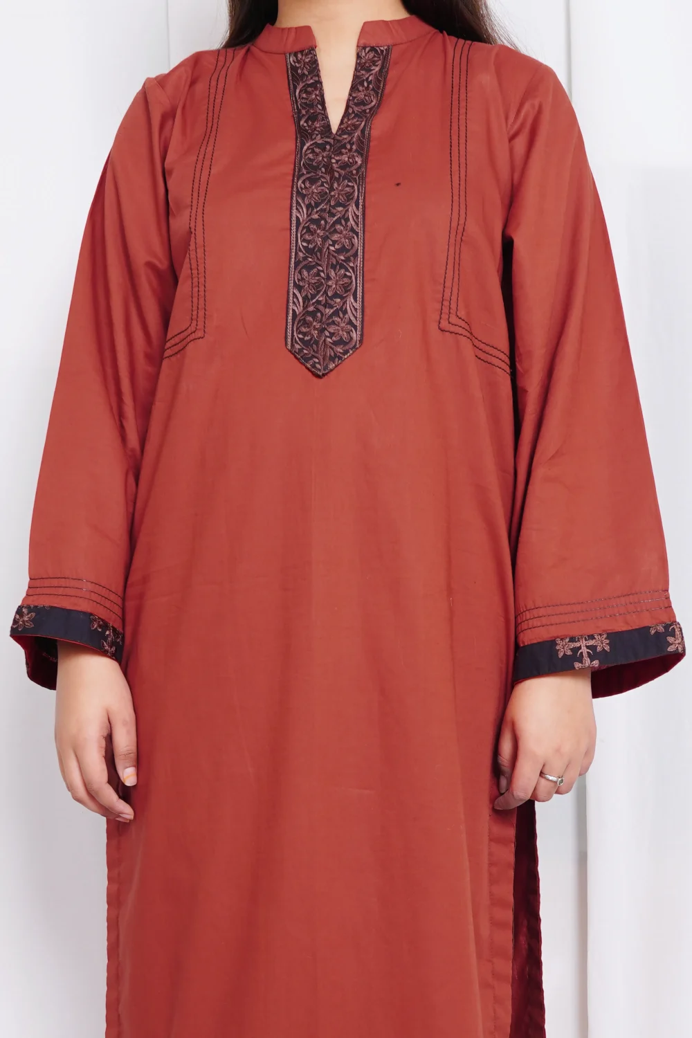 Rust Embroidered Cotton Kurta Set - Image 5