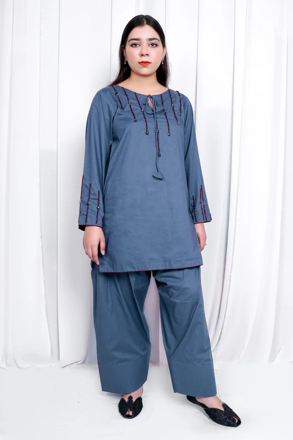 Grey Handmade Stone Work 2-Piece Farshi Shalwar Set - Image 7