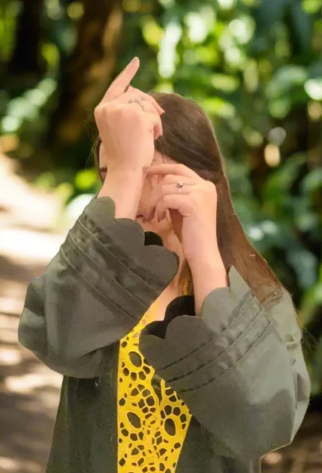 3 Piece Cotton Suit with Yellow Embroidered Neckline Scalloped Hem