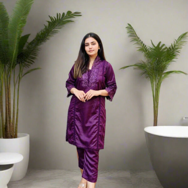 Luxurious Deep Purple Satin Kurta with Intricate Embroidery