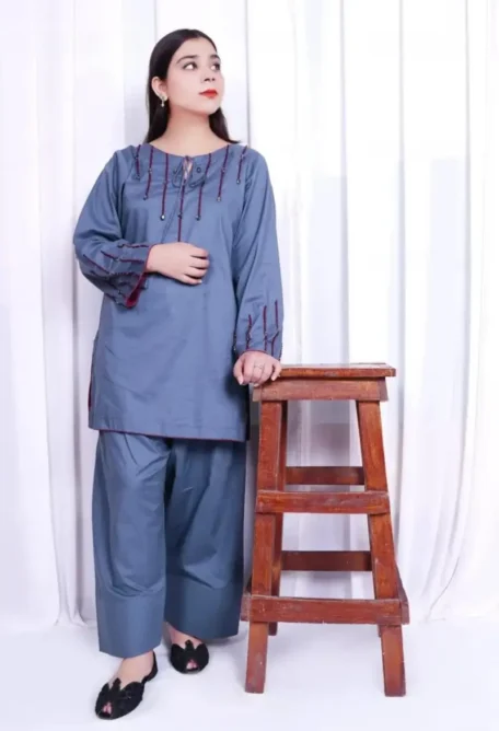 Grey Handmade Stone Work 2 Piece Farshi Shalwar Cord Set