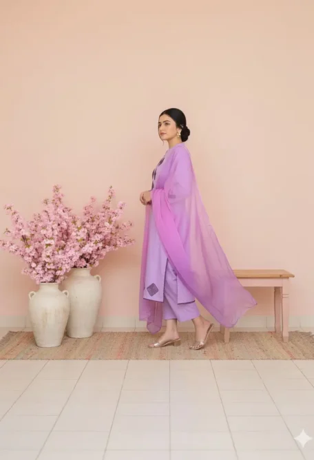 Lavender Embroidered Kurta Set with Dupatta – Women’s Ethnic Wear 2025
