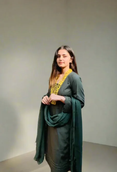 Olive Green 3 Piece Cotton Suit with Yellow Embroidered Neckline Scalloped Hem