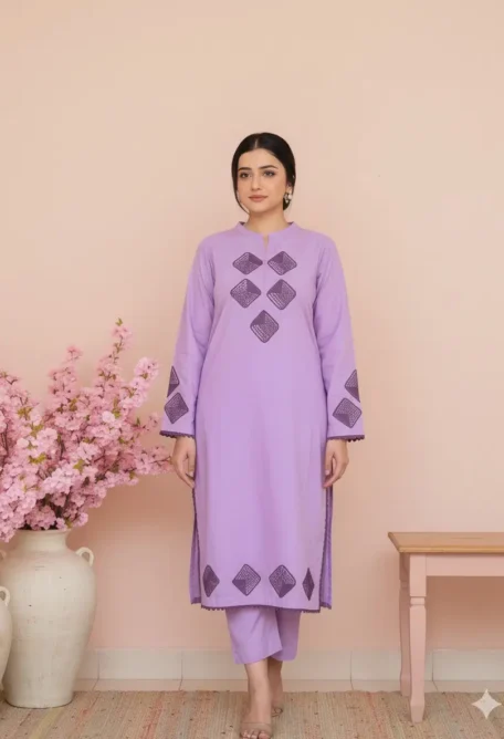Women’s Lavender Pakistani Dress with Hand Embroidery and Dupatta
