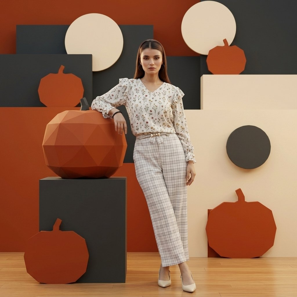 pomelli_photoshoot_image_1_1_0718 Chiffon Floral Top & Georgette Plaid Wide-Leg Pant Set - Image 1