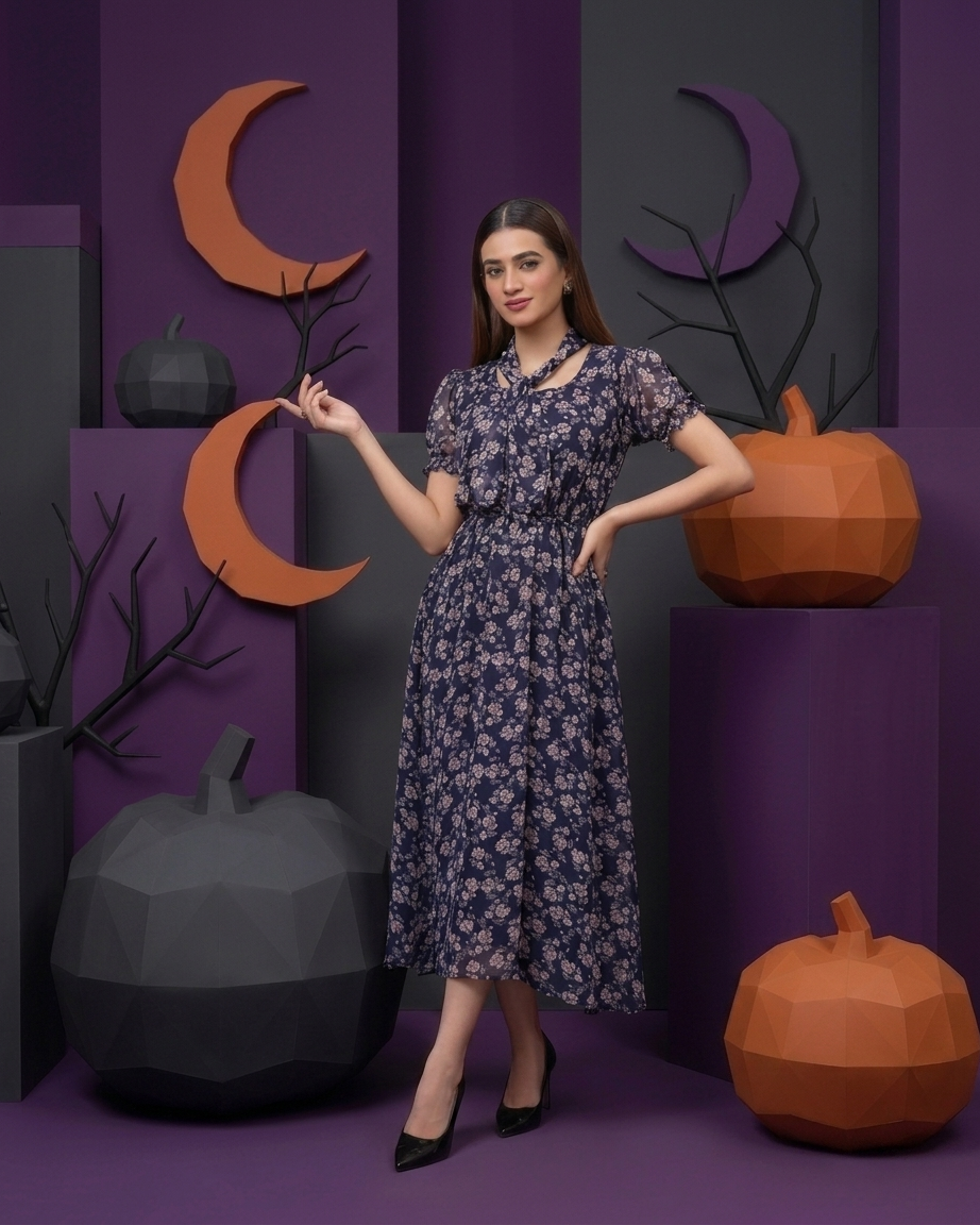 Chiffon maxi dress with puffy sleeves and neck knot 1 Chiffon maxi dress with puffy sleeves and neck knot - Image 1