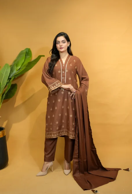 Brown Embroidered Dhanak 3 Piece Suit scaled