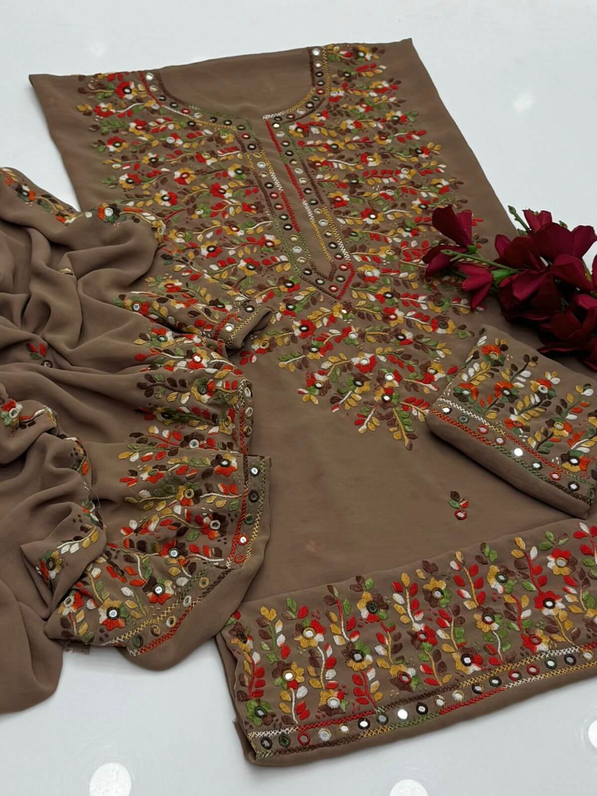 WhatsApp Image 2026-03-03 at 10.20.46 (10) (1) Brown Multi Colour Embroidered Chiffon 3PC Dress - Image 1