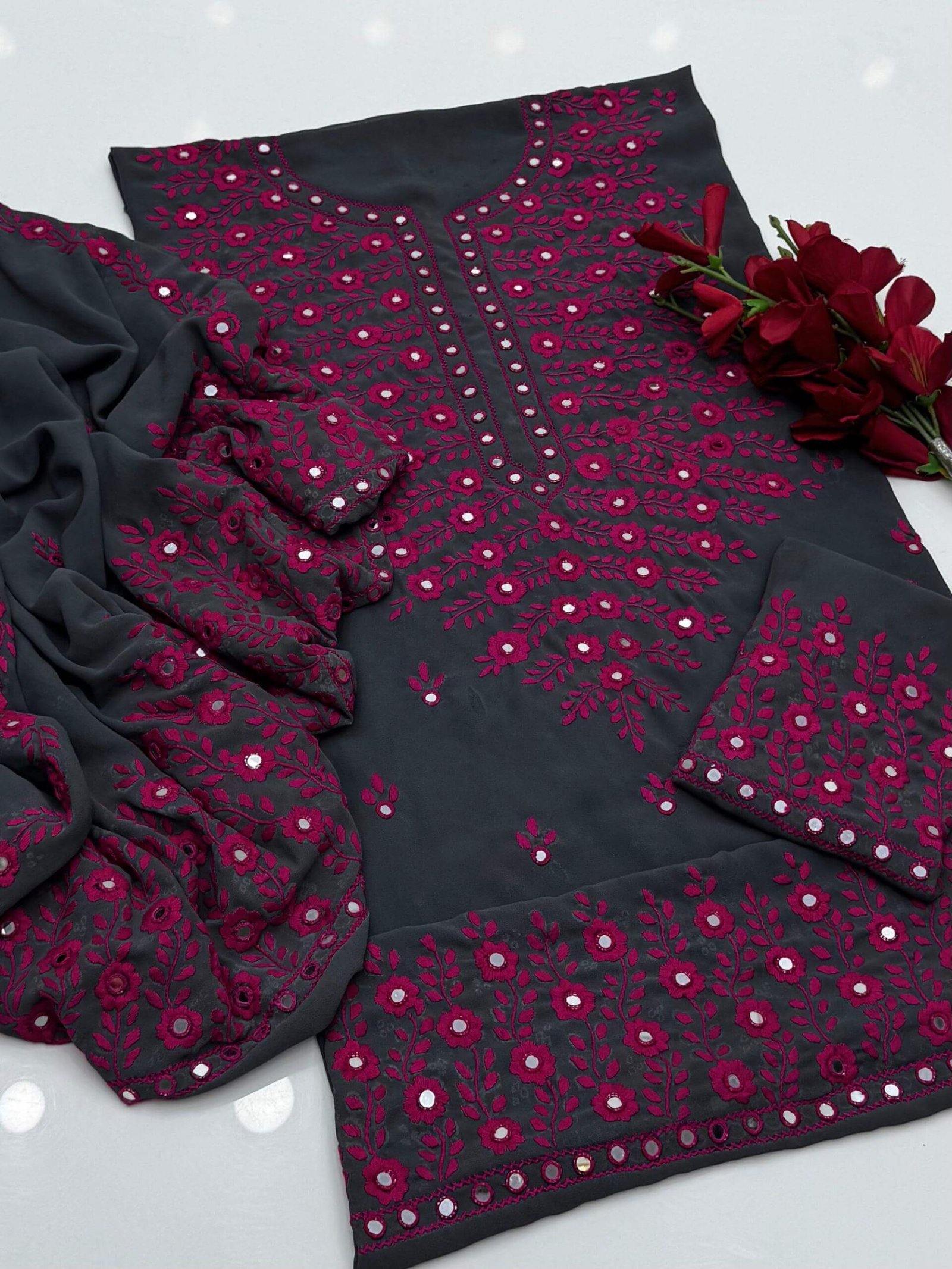 WhatsApp Image 2026-03-03 at 10.20.46 (3) (2) Black Georgette Red Embroidered 2PC - Image 1