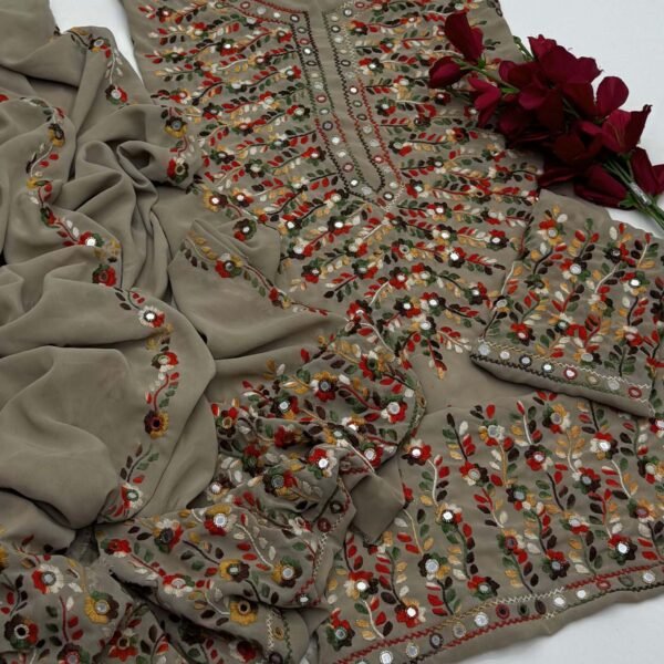 Olive Green Multi Colour Floral Embroidered Chiffon 3PC Dress
