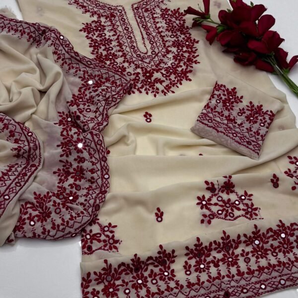 Cream Chiffon Embroidered Dress with Maroon Floral Design
