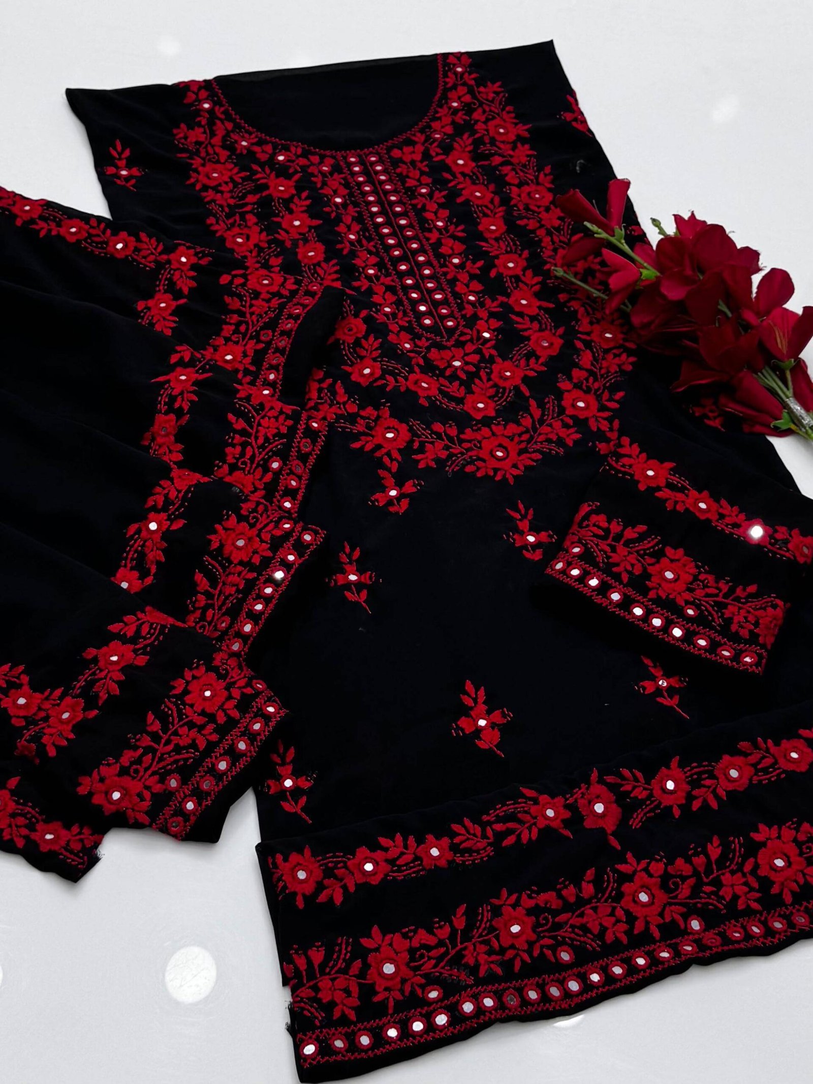 WhatsApp Image 2026-03-03 at 10.20.50 (1) (1) Black Chiffon Embroidered Dress with Red Floral Work - Image 1